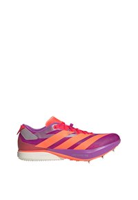Lightweight running shoe in purple with pink accents. Features a textured upper, bright laces, and a spike plate for grip.