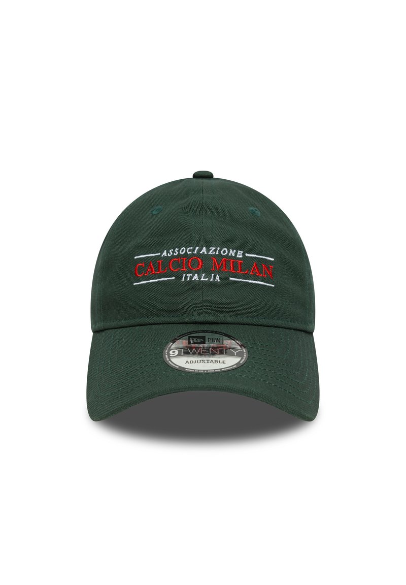 Dark green adjustable cap featuring embroidered "ASSOCIAZIONE CALCIO MILAN ITALIA" text in red and white on the front panel.