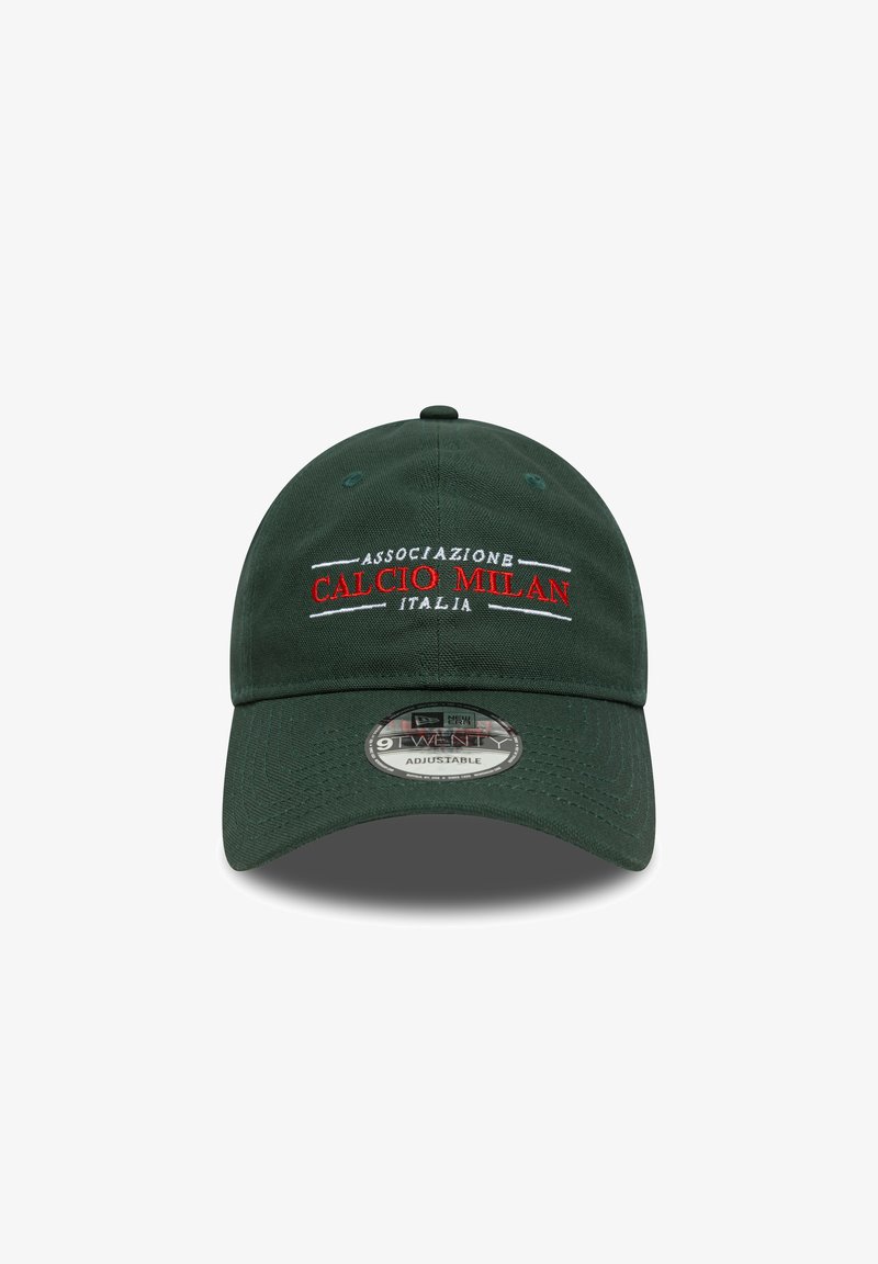 Dark green adjustable cap featuring embroidered "ASSOCIAZIONE CALCIO MILAN ITALIA" text in red and white on the front panel.