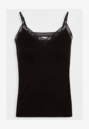 Black camisole with thin straps and a V-neckline. Features a delicate lace trim along the neckline and straps, soft fabric texture.