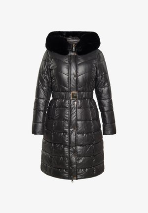 Schwarze Daunenjacke mit einer Kunstfellkapuze, gestepptem Design, tailliertem Schnitt und Druckknöpfen. Verfügt über lange Ärmel und einen knielangen Schnitt.