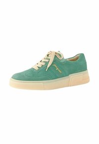 Sneaker verde in suede con punta arrotondata, lacci crema e suola testurizzata. Presenta un sottile logo dorato sul lato e una suola bianca spessa.