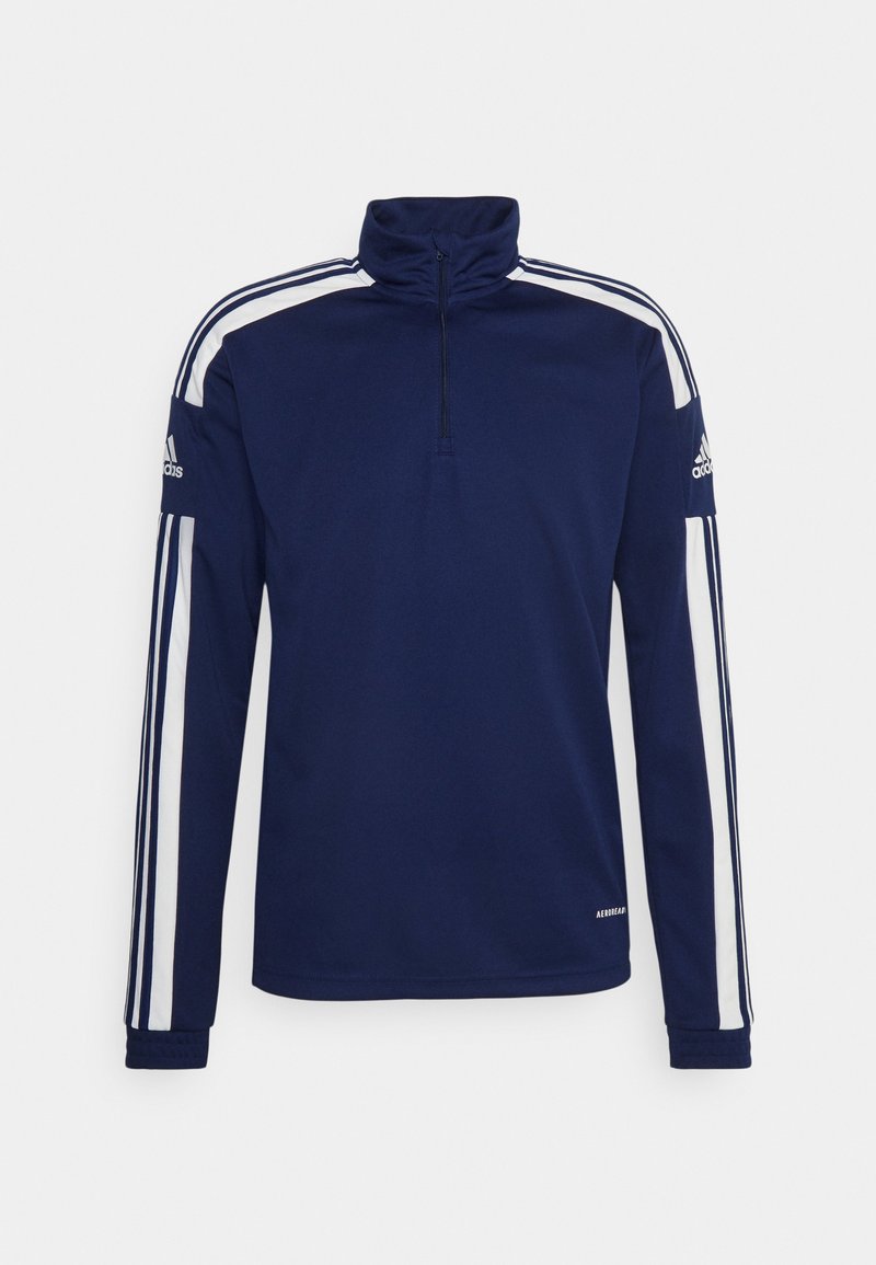 Marineblauer Langarm-Pullover mit hohem Kragen, Frontreißverschluss und weißen Seitenstreifen; verfügt über das Markenlogo am linken Arm und strukturierten Stoff.