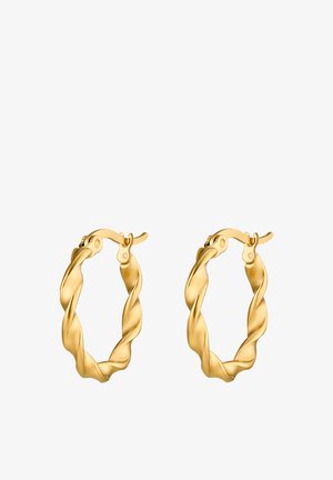 Boucles d'oreilles en forme de créoles torsadées en métal doré avec un fermoir à charnière sécurisé, présentant une texture lisse et brillante avec des bords arrondis.