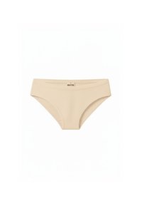 Beige bikinibroekje gemaakt van gladde stof, met een taille op middelhoogte, naadloze randen en een minimalistisch ontwerp. Merkenlabel zichtbaar op de tailleband.