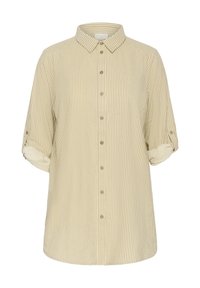 Hellbeige Hemd zum Knöpfen mit vertikalen weißen Streifen. Verfügt über einen Kragen, hochgekrempelte Ärmel und eine Vorderseite mit Tasche. Weiche Stoffstruktur.