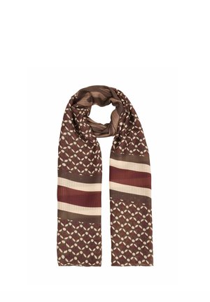 Brown scarf with white leaf patterns and horizontal beige and dark red wavy stripes, loosely folded at the top.