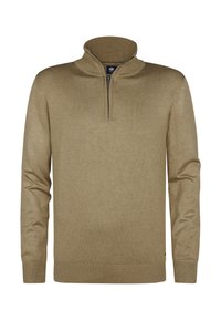 Strickpullover in Hellbraun mit hohem Kragen und Viertelzip. Verfügt über gerippte Bündchen und Saum, eine weiche Textur und ein klassisches Design.
