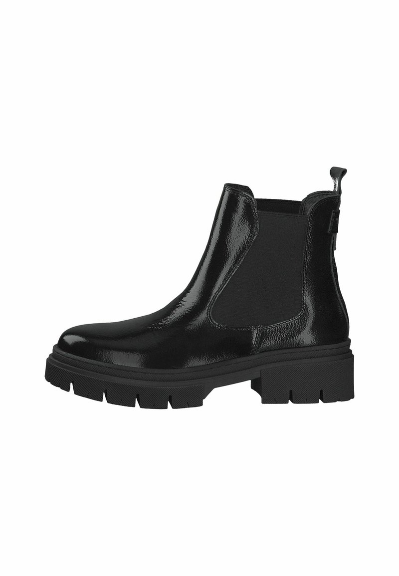 Botte Chelsea en cuir verni noir avec panneaux élastiques latéraux, tirant et semelle en caoutchouc épaisse présentant un motif de crampons.