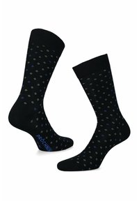 Czarne skarpetki z geometrycznym wzorem małych niebieskich, szarych i białych diamentów, z prążkowanym ściągaczem i wzmocnioną piętą.