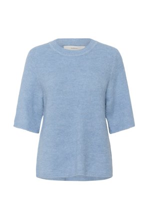 Light blue short-sleeve sweater made from soft fabric, featuring a crew neckline and a relaxed fit with slightly rolled cuffs.