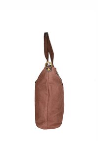 Borsa di tessuto marrone con superficie texture, manico singolo e dettagli metallici. Presenta una forma arrotondata e aperture pratiche con zip.