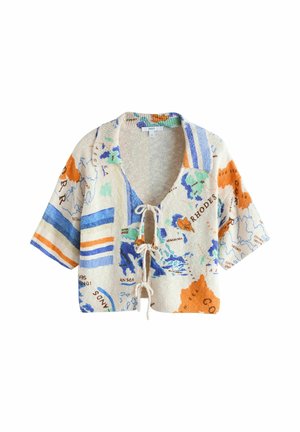 Strickjacke mit kurzen Ärmeln und einer Landkartenaufdruck in Blau, Orange und Grün, mit vorderseitigen Bindeschließen und einem breiten Kragen.