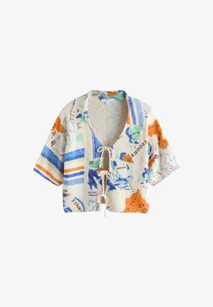 Lühikeste varrukatega kootud kardigan kaardiprindiga sinises, oranžis ja rohelises, esikinniste ja laia kraega.