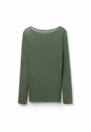 Koszula z długim rękawem w stonowanym zielonym kolorze, wykonana z miękkiego materiału, z okrągłym dekoltem i luźnym krojem oraz prostym dołem.