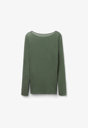 Koszula z długim rękawem w stonowanym zielonym kolorze, wykonana z miękkiego materiału, z okrągłym dekoltem i luźnym krojem oraz prostym dołem.