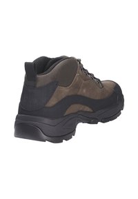 Bruine en zwarte wandelschoenen met een bovenwerk van gestructureerd leer, gaaspanelen en een robuuste rubberen zool voor grip. Voorzien van een gevoerde kraag en veters.