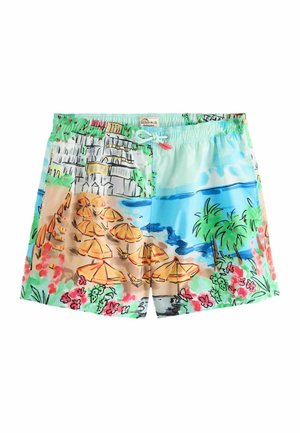 Badeshorts mit buntem Strandmotiv mit Sonnenschirmen, Meer, Palmen, Blumen und Gebäuden, elastischer Bund mit Kordelzug.