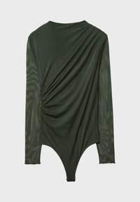 Olivenfarbener Body mit langen Ärmeln, drapiertem Stoff auf der Rückseite und einem Tanga-Schnitt. Glattes, leichtes Material mit einem figurbetonten Design.