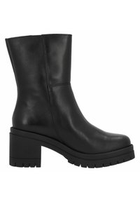Black leather ankle boot with a chunky heel, smooth texture, rounded toe, and contrasting lug sole. Seam detail along the sides.
