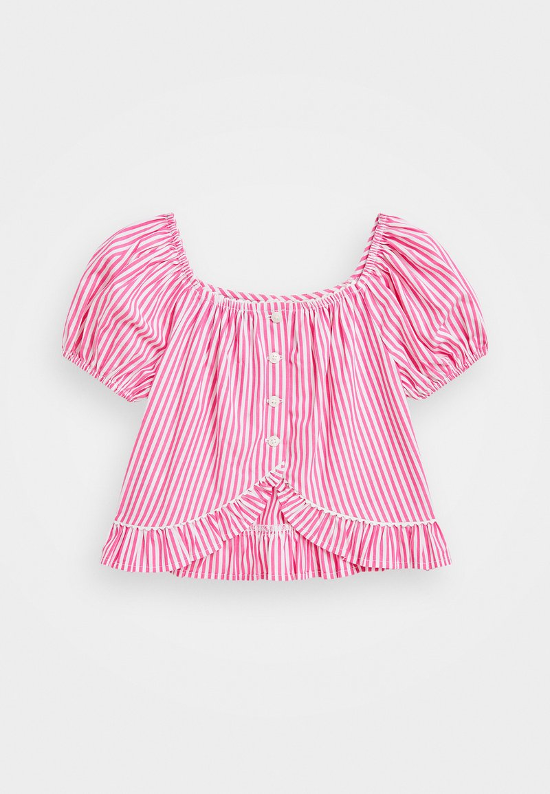 Tricou cu mânecă scurtă în dungi verticale roz și albe, cu decolteu pătrat, închidere cu butoane și tiv volanat. Fabricat dintr-un material ușor.
