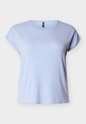 Ανοιχτό μπλε κοντομάνικο T-shirt από απαλό ύφασμα με στρογγυλή λαιμόκοψη και άνετη εφαρμογή, με ρεβέρ στα μανίκια και ίσια τελειώματα.