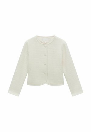 White woven jacket with round neckline, long sleeves, five button closure, and two front pockets. Textured fabric with a subtle pattern.
