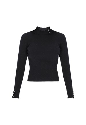 Črn rebrast dolg rokav s visokim ovratnikom in nabranim robom, ki ima okrasne gumbe na manšetah in prilega se postavi.