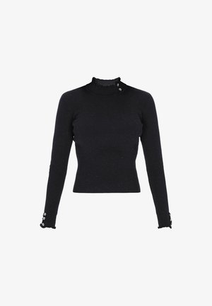 Črn rebrast dolg rokav s visokim ovratnikom in nabranim robom, ki ima okrasne gumbe na manšetah in prilega se postavi.