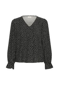 Blusa nera con pois bianchi, scollatura a V, maniche lunghe con polsini arricciati, tessuto leggero e vestibilità morbida.