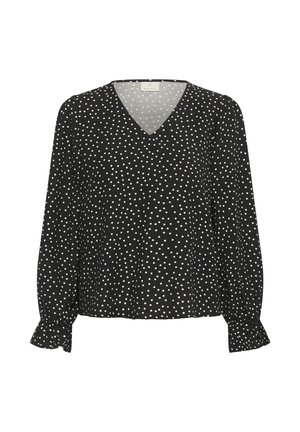 Juoda blusa su baltais taškeliais, V formos iškirpte, ilgomis rankovėmis su volanėlėmis, lengvas audinys ir laisvas siluetas.