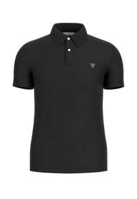 Polo de manga corta negro con cuello, que presenta un pequeño logotipo triangular en la parte superior izquierda, hecho de una tela suave.