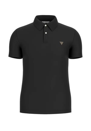 Polo de manga corta negro con cuello, que presenta un pequeño logotipo triangular en la parte superior izquierda, hecho de una tela suave.
