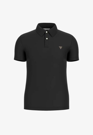 Schwarzes Poloshirt mit kurzen Ärmeln und Kragen, mit einem kleinen, dreieckigen Logo oben links, aus glattem Stoff.