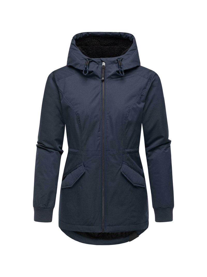 Veste bleu marine avec fermeture éclair à l'avant, capuche amovible, deux poches à l'avant, poignets côtelés et doublure en texture douce. Tissu lisse et résistant à l'eau.