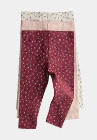Conjunto de tres leggings para niños pequeños: tejido acanalado burdeos con pequeño estampado floral, rosa claro con rayas texturizadas y blanco con flores verdes.