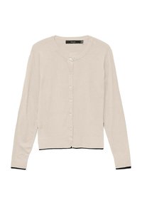 Lichtbeige cardigan gemaakt van zachte stof, met een ronde hals, zes knopen en zwarte afwerking bij de manchetten en de zoom.