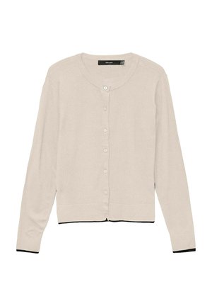 Lys beige cardigan lavet af blødt stof, med rund hals, seks knapper og sort kant ved ærmerne og bunden.