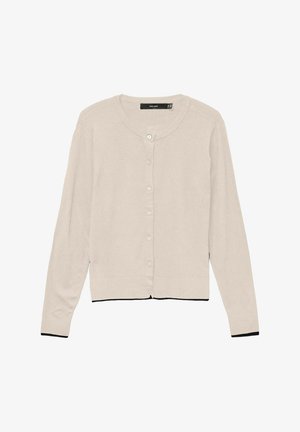 Cardigan beige chiaro realizzato in un morbido tessuto, con collo tondo, sei bottoni e bordi neri sui polsini e sull'orlo.