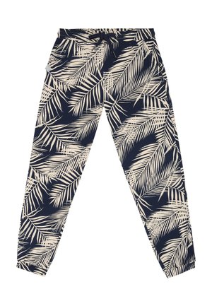 Marineblaue Jogginghose mit beigem tropischem Palmenblattmuster, elastischem Bund und Kordelzug.
