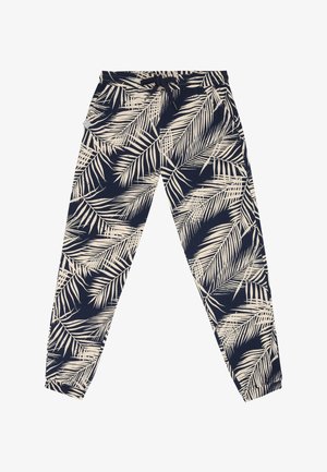 Marineblaue Jogginghose mit beigem tropischem Palmenblattmuster, elastischem Bund und Kordelzug.