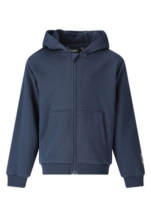 Laivastonsininen vetoketjullinen huppari, jossa on etutaskut, resorit hihansuissa ja helmassa sekä kiinnitetty huppu, esillä valkoisella taustalla.