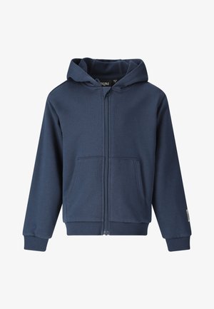 Laivastonsininen vetoketjullinen huppari, jossa on etutaskut, resorit hihansuissa ja helmassa sekä kiinnitetty huppu, esillä valkoisella taustalla.