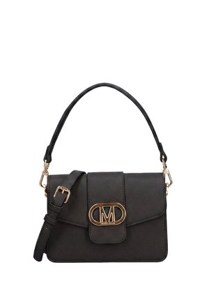 Sac à main en cuir noir avec fermoir doré au logo Marc Ellis, équipé d'une poignée supérieure et d'une bandoulière réglable et amovible.