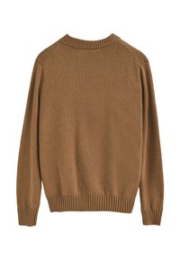 Brązowy sweter wykonany na drutach z okrągłym dekoltem, ściągaczami przy mankietach i u dołu. Charakteryzuje się gładką fakturą i prostym wzornictwem bez widocznych wzorów.