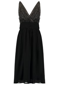 Svart klänning med V-ringning, dekorerad livstycke med pärlbroderi i randigt mönster, och en samlad midja som leder till en flödande kjol.