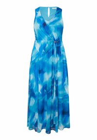 Maxime vaatteessa sinisen sävyissä on abstrakteja kuvioita, olkaimettomassa muotoilussa, V-pääntiessä ja vyötäröllä solmittava vyö. Kevyt kangas.