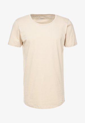 Beige cotton t-shirt with short sleeves, round neckline, and a straight cut. Soft texture; no visible patterns or hardware details.