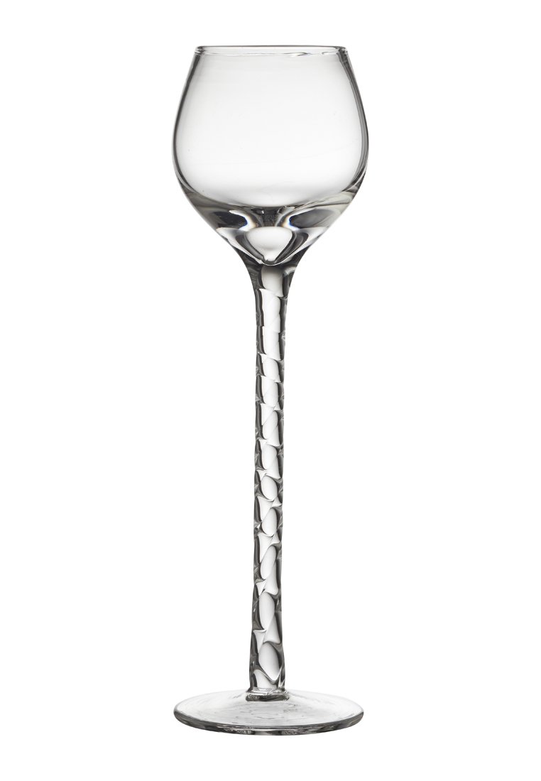 Klarer Weinglas mit einer runden Schale, einem verlängerten Stiel mit strukturiertem Design und einer flachen, runden Basis.