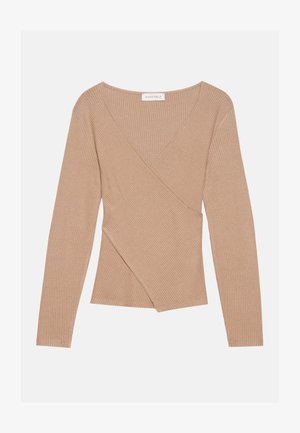 Beige ribaga pikkade varrukatega topp sügava V-kaelusega ja üksteise ette käiva disainiga. Pehme tekstuur ja vormi järgi lõikamine rõhutavad materjali venivust.